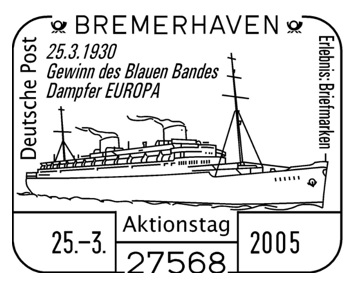 75-летие завоевания лайнером "Europa" Голубой Ленты Атлантики в 1930-м году
Германский специальный почтовый штемпель 2005 года
Ключевые слова: SS "Europa", 1930